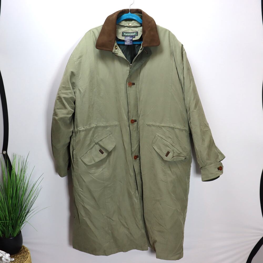 Vintage Rainforest Long Work Coat Olive Green Utility‎ Leather Collar L